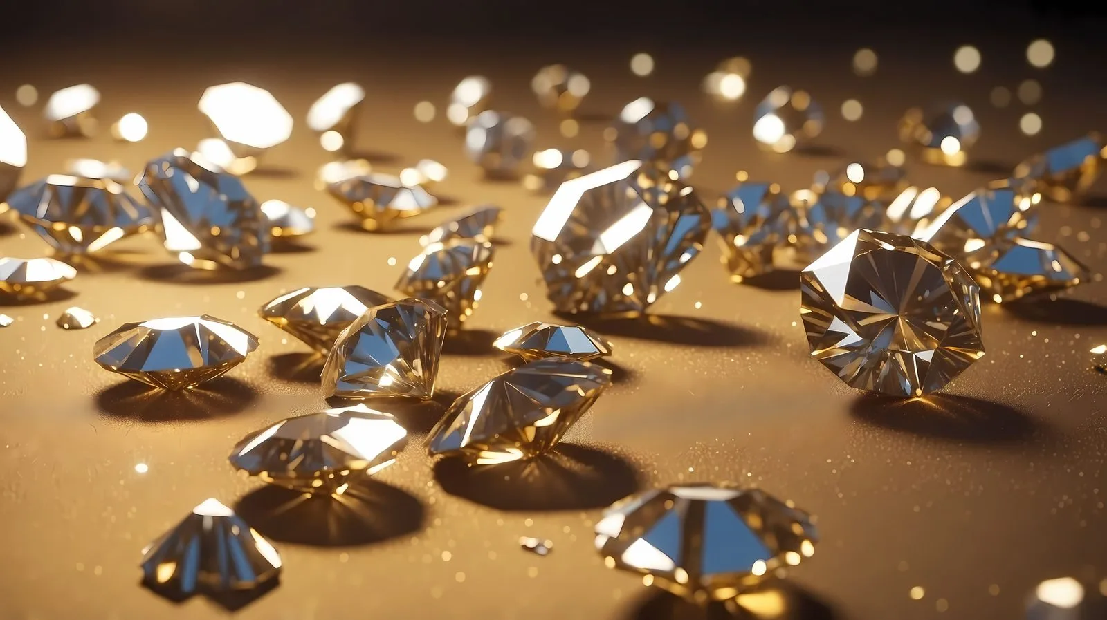 Funkelnde Diamanten verstreut auf goldenem Untergrund