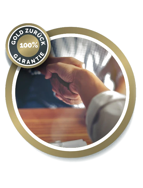 Handschlag mit Gold-zurück-Garantie-Siegel