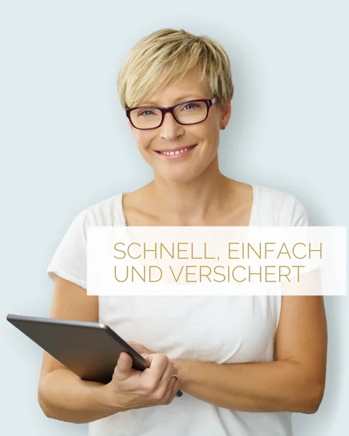Frau mit Tablet – schneller, einfacher und versicherter Goldverkauf